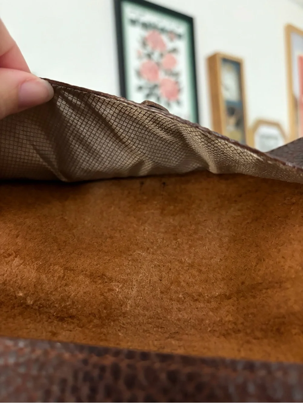 Vintage Handmade Dark Brown Pebbled Leather Long Bifold Wallet with Brass Accent